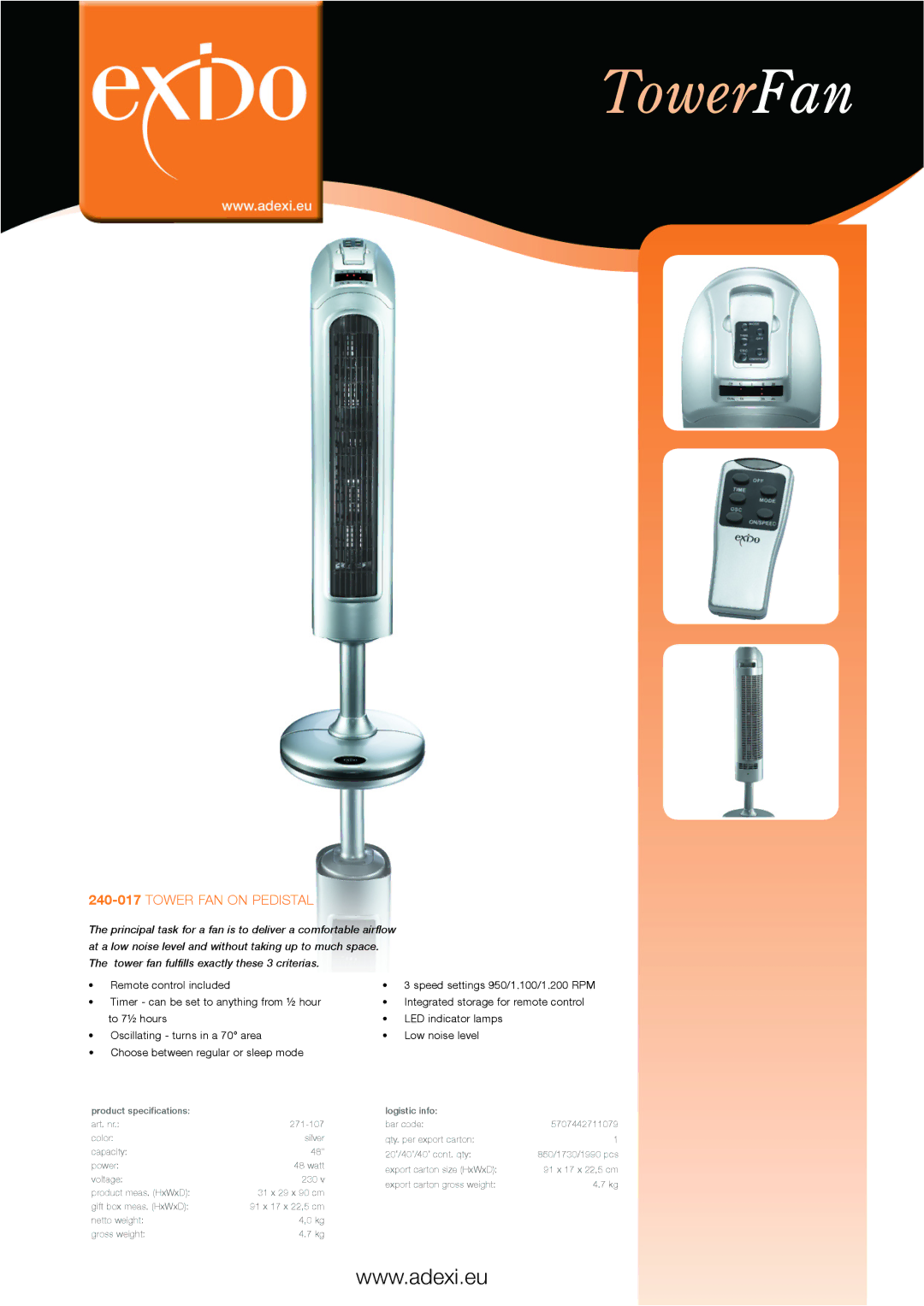 Melissa 271-107 specifications TowerFan, 240-017tOWER FAN on Pedistal 