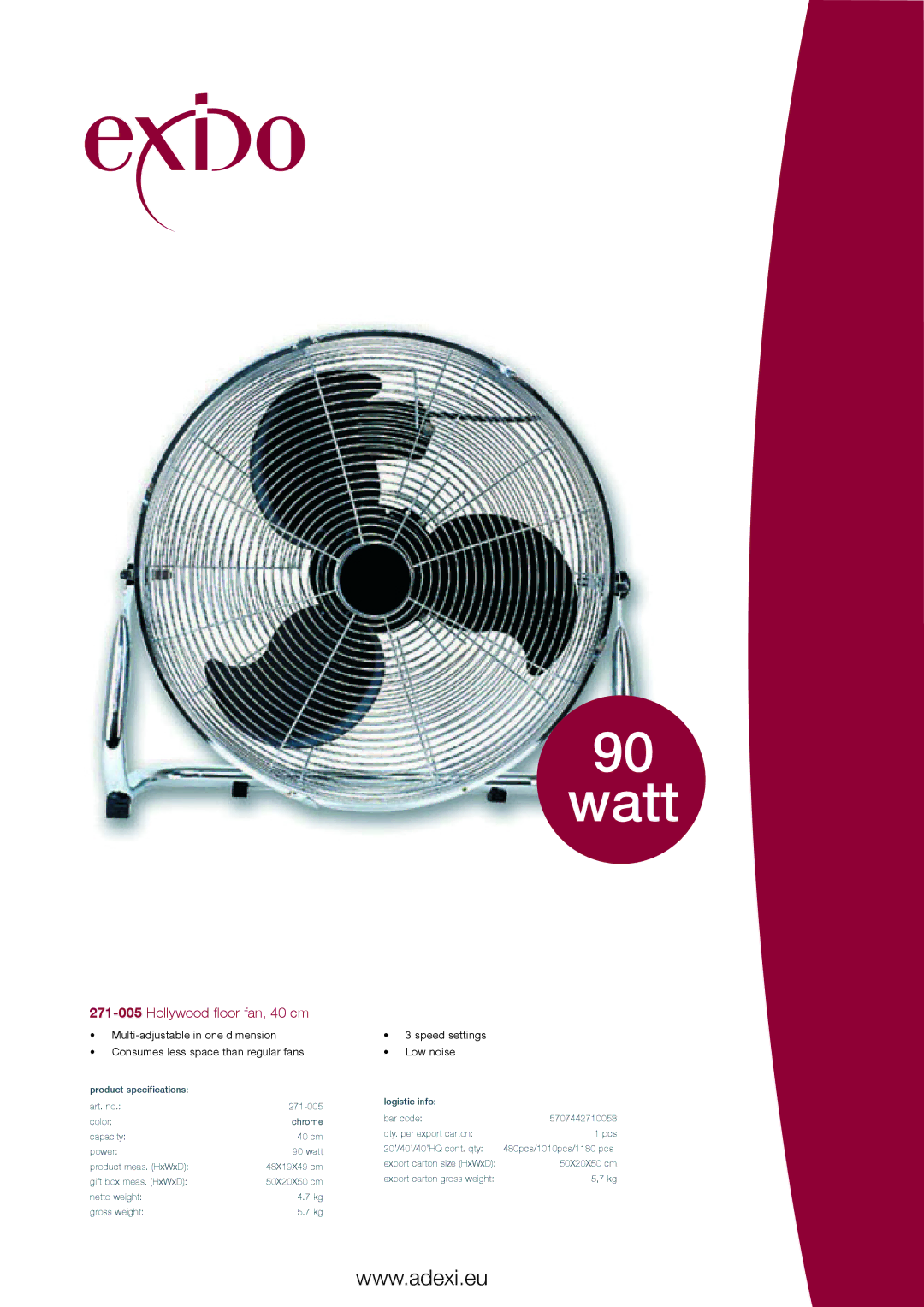 Melissa 271005 specifications Watt, 271-005Hollywood floor fan, 40 cm, Speed settings Low noise 