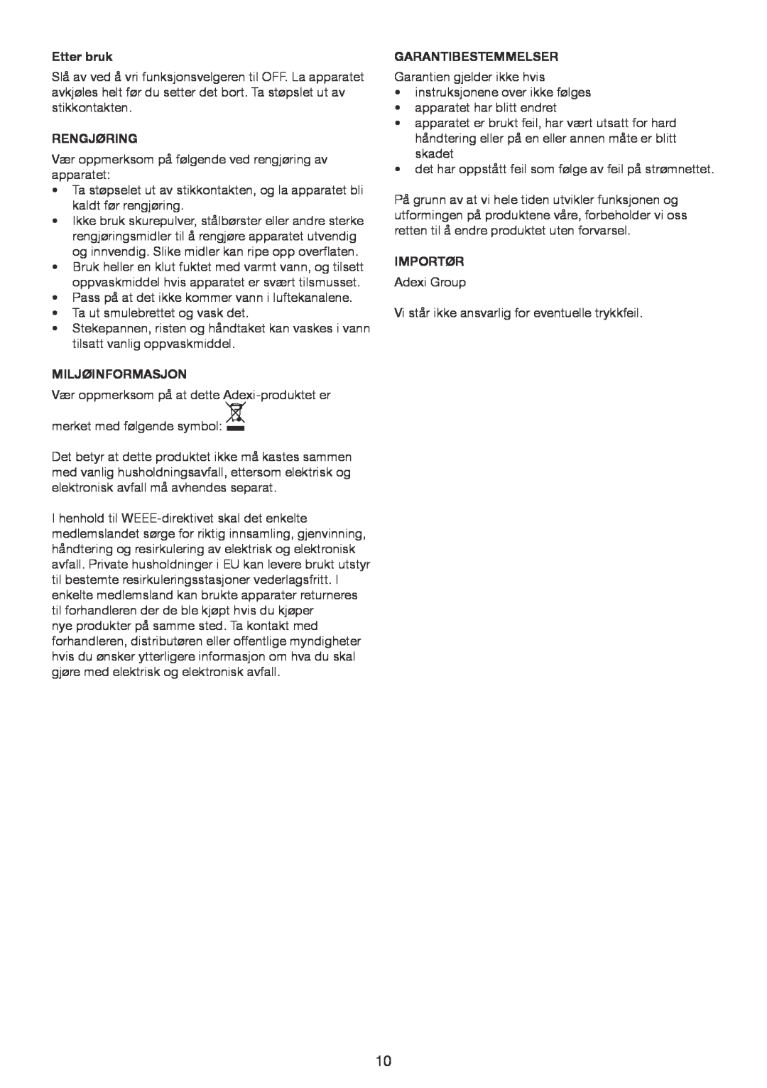 Melissa 4013D, 4033D manual Etter bruk, Rengjøring, Miljøinformasjon, Garantibestemmelser, Importør 