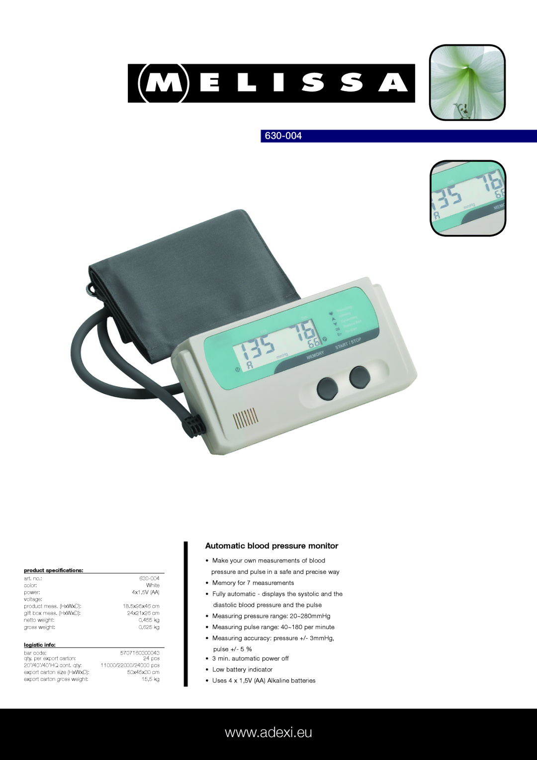 Melissa 630-004 specifications Automatic blood pressure monitor, Product specifications, Logistic info 