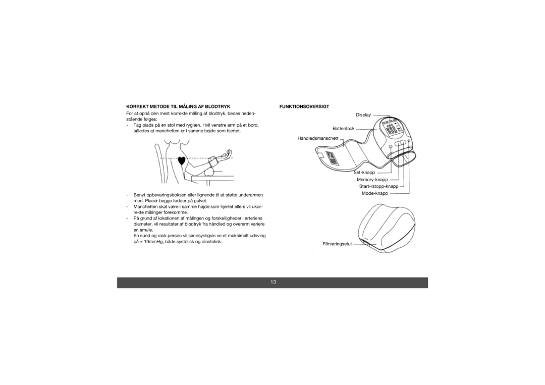 Melissa 630-010 manual Korrekt Metode TIL Måling AF Blodtryk, Funktionsoversigt 