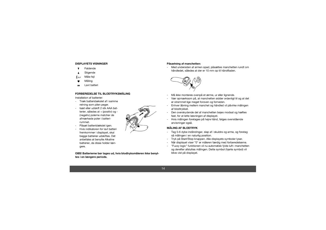 Melissa 630-010 manual Displayets Visninger, Forberedelse TIL Blodtryksmåling, Måling AF Blodtryk 