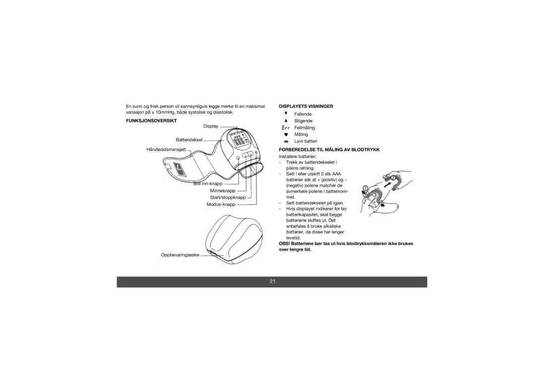 Melissa 630-010 manual Funksjonsoversikt, Forberedelse TIL Måling AV Blodtrykk 