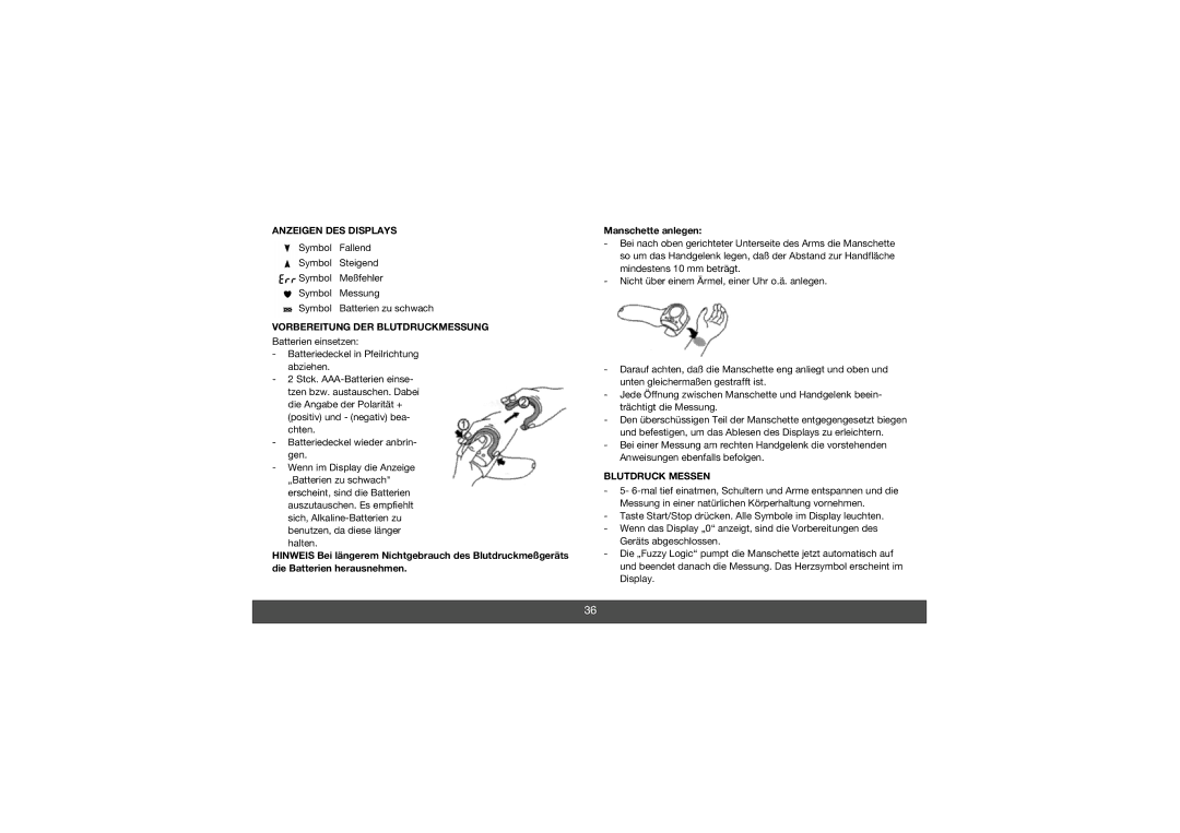 Melissa 630-010 manual Anzeigen DES Displays, Vorbereitung DER Blutdruckmessung, Blutdruck Messen 