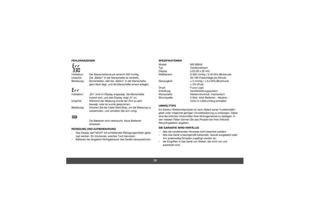 Melissa 630-010 manual Fehleranzeigen, Reinigung UND Aufbewahrung, Spezifikationen, Umwelttips, DIE Garantie Wird Hinfällig 