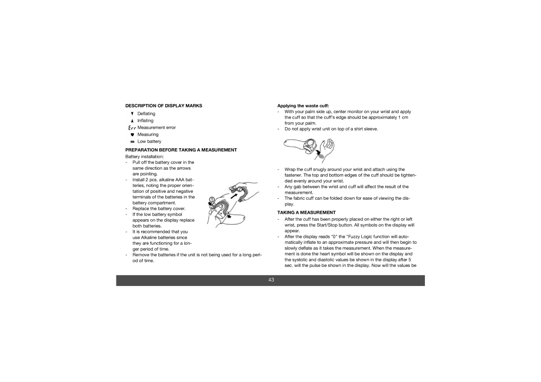 Melissa 630-010 manual Description of Display Marks, Preparation Before Taking a Measurement, Applying the waste cuff 