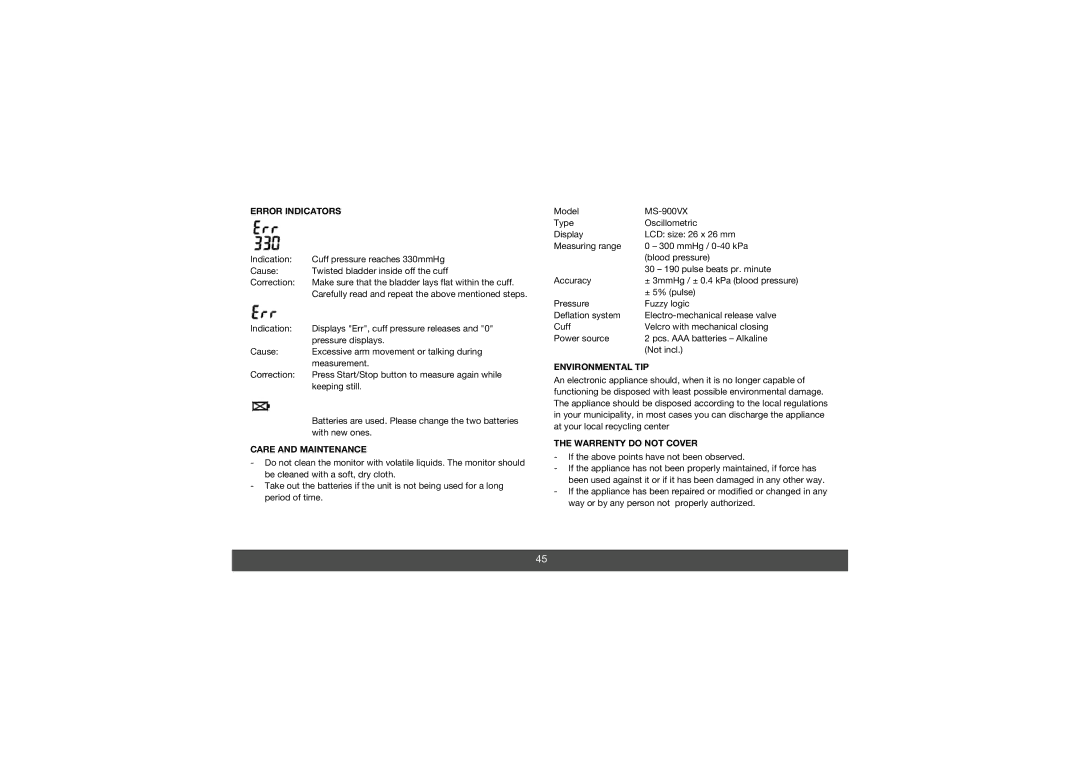 Melissa 630-010 manual Error Indicators, Care and Maintenance, Environmental TIP, Warrenty do not Cover 