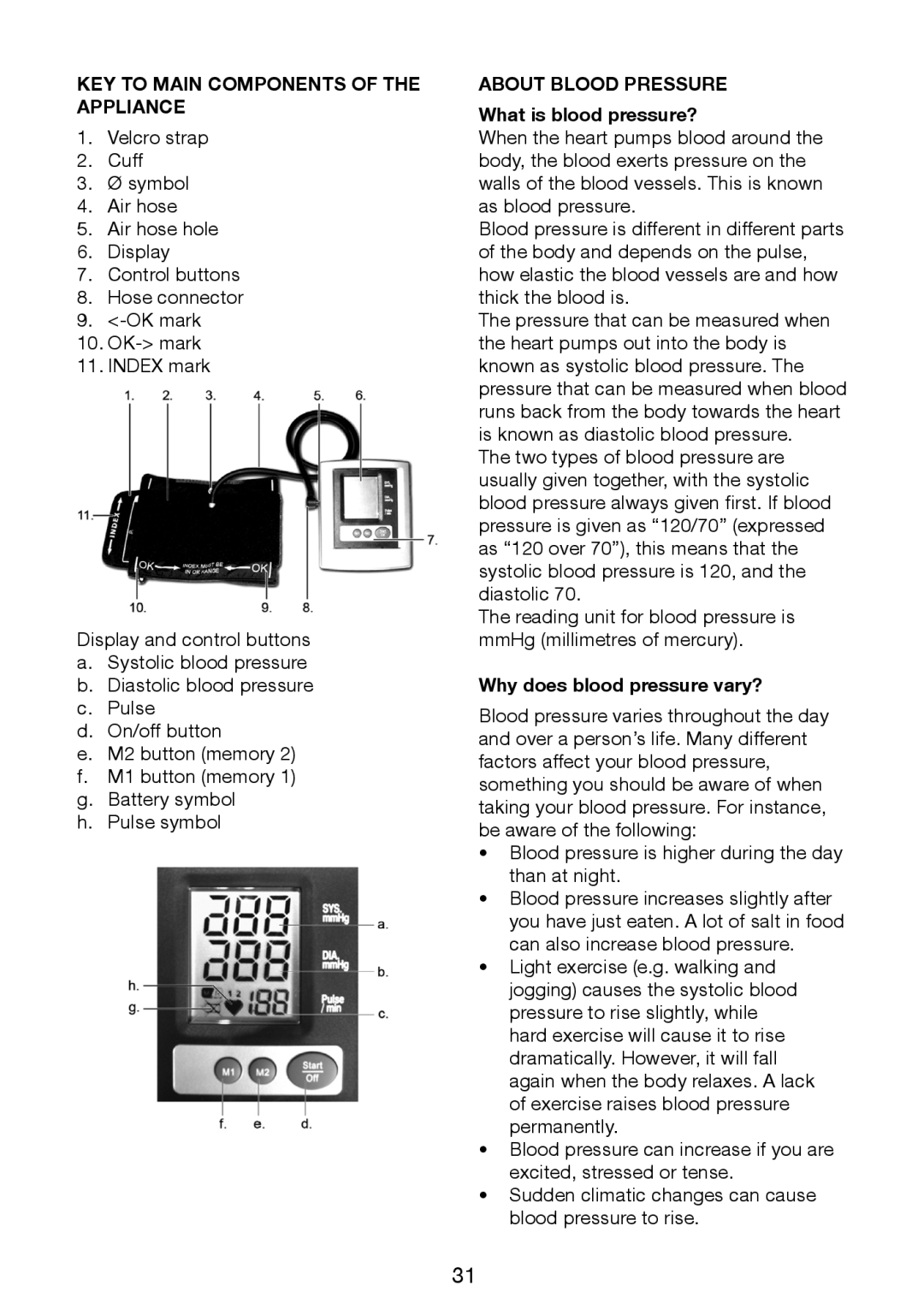 Melissa 630-013 manual KEY to Main Components of the Appliance, About Blood Pressure, What is blood pressure? 