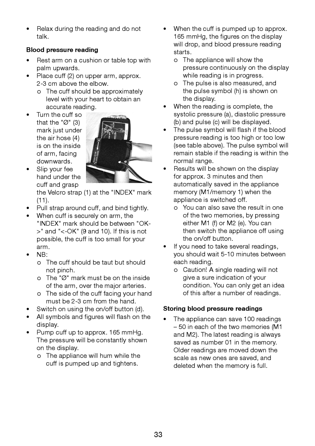Melissa 630-013 manual Blood pressure reading, Storing blood pressure readings 