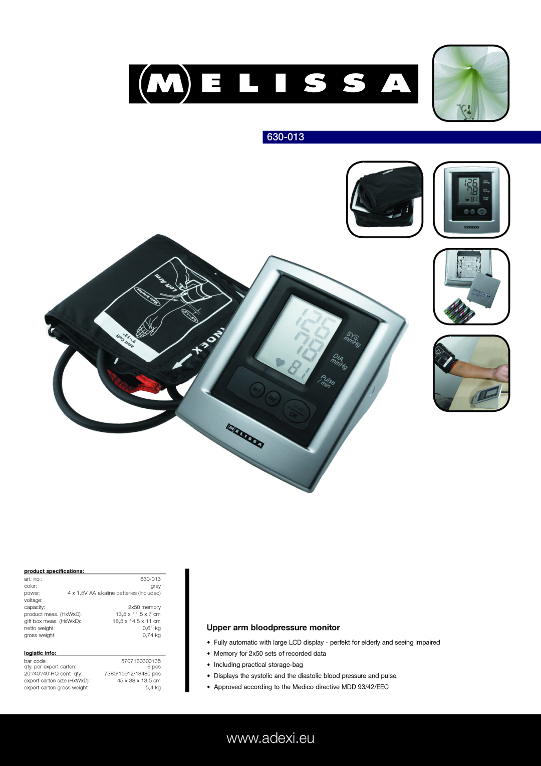 Melissa 630-013 specifications Upper arm bloodpressure monitor, Product specifications, Logistic info 