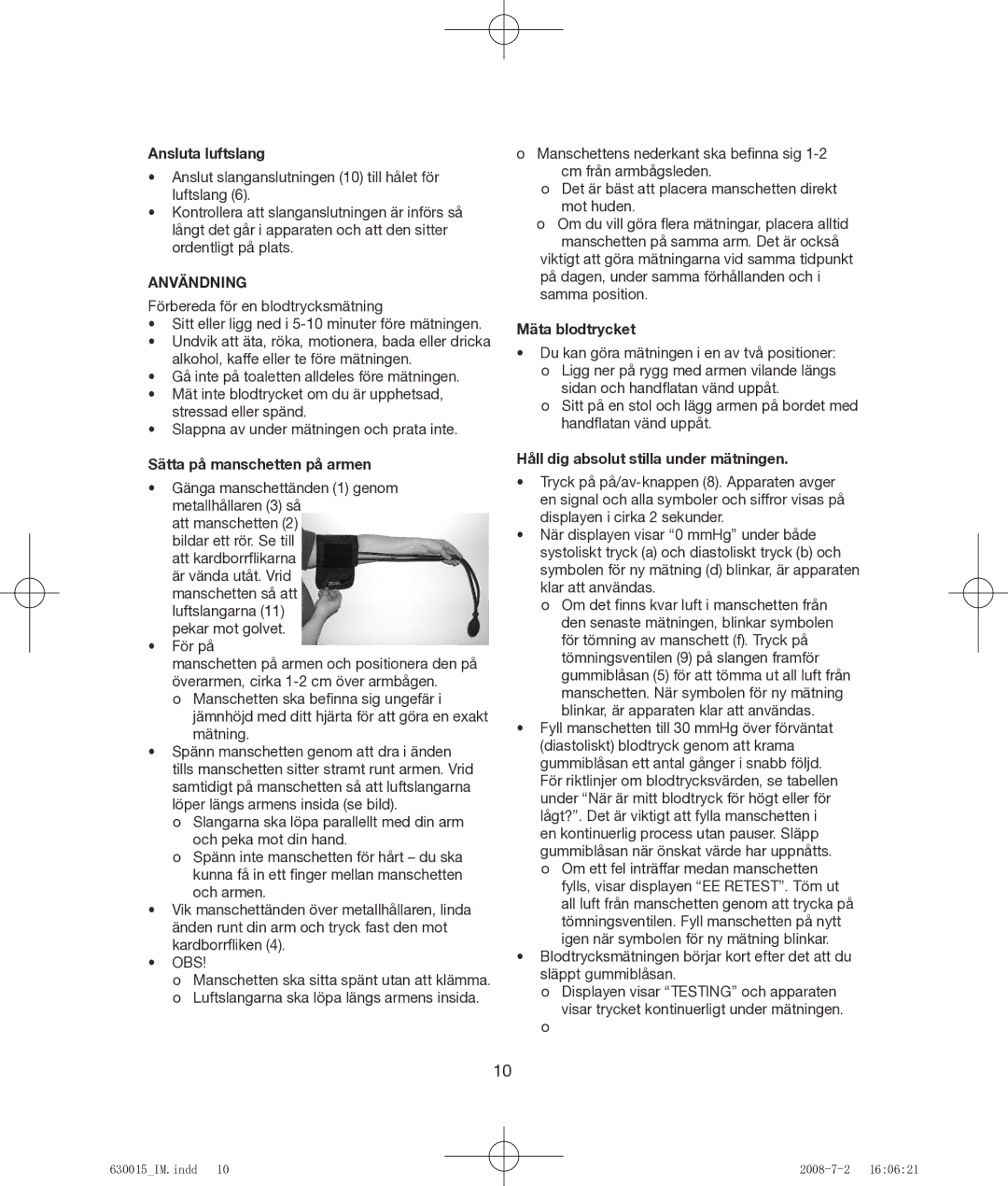 Melissa 630-015 manual Ansluta luftslang, Användning, Sätta på manschetten på armen, Mäta blodtrycket 