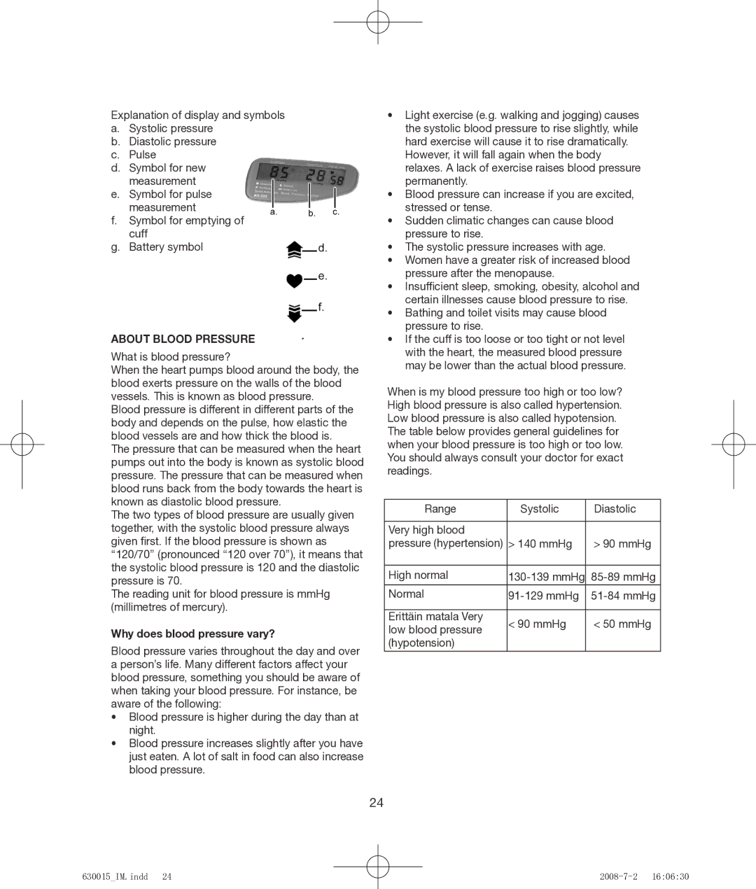 Melissa 630-015 manual About Blood Pressure, Why does blood pressure vary? 