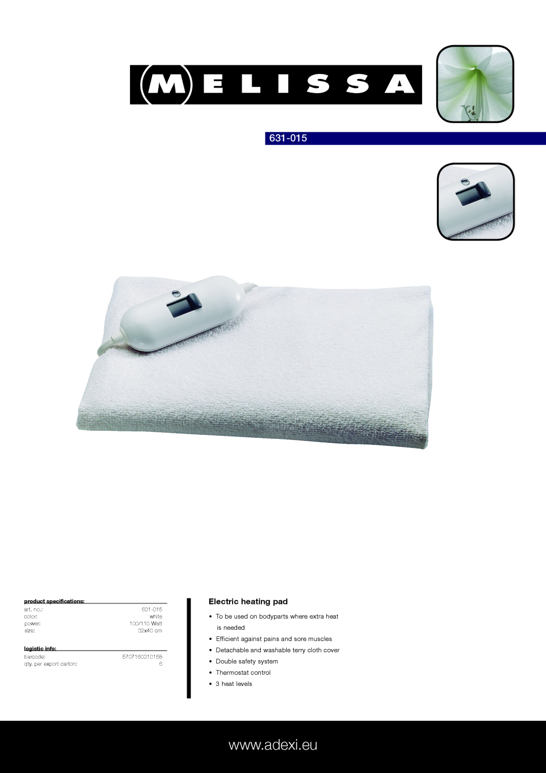 Melissa 631-015 specifications Electric heating pad 