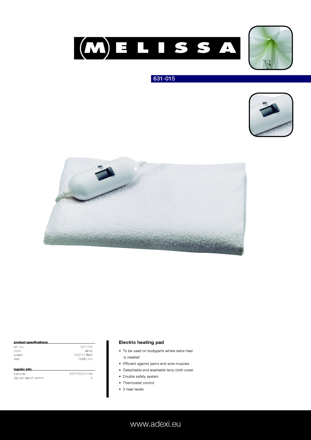 Melissa 631-015 specifications Electric heating pad, Efficient against pains and sore muscles, heat levels, logistic info 