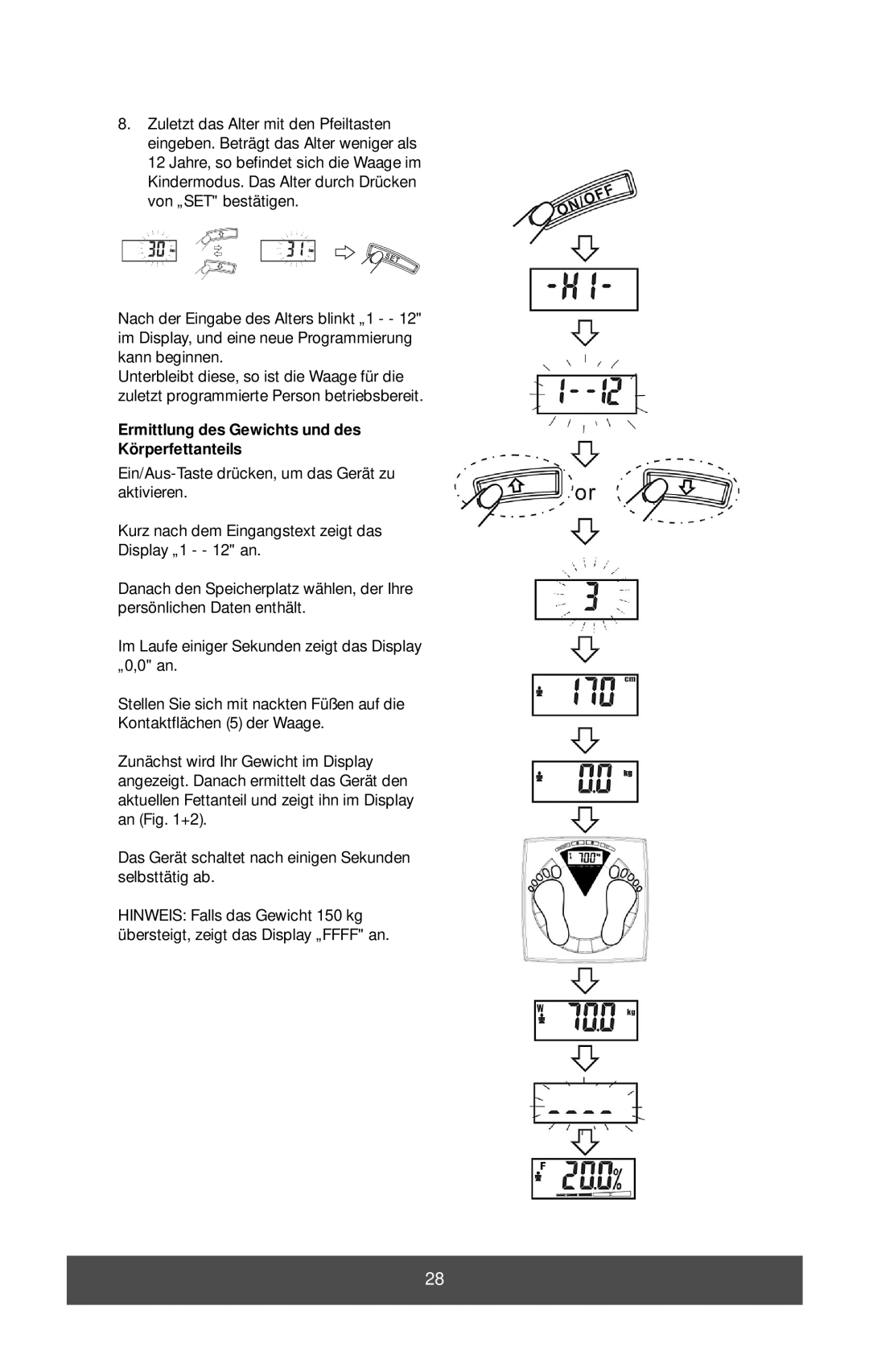 Melissa 631-033 manual Ermittlung des Gewichts und des Körperfettanteils 