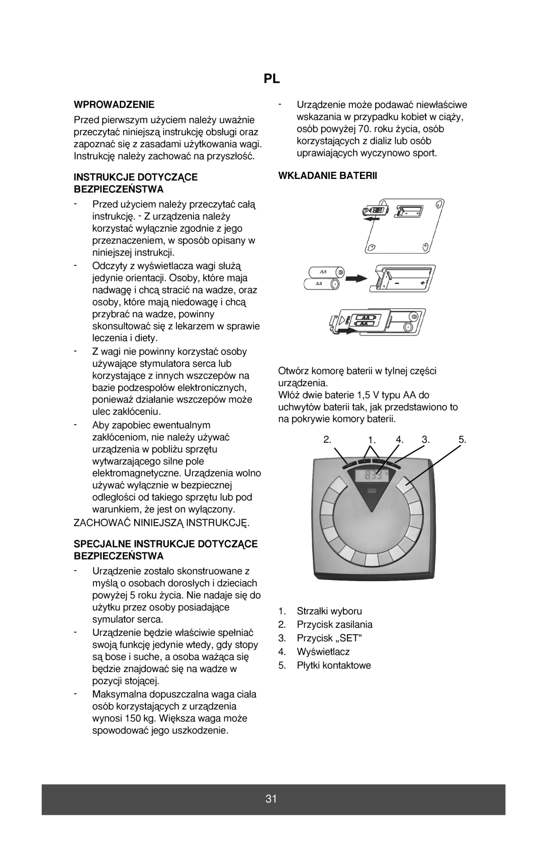 Melissa 631-033 manual Wprowadzenie, Specjalne Instrukcje Dotyczñce BEZPIECZE¡STWA, WK¸ADANIE Baterii 