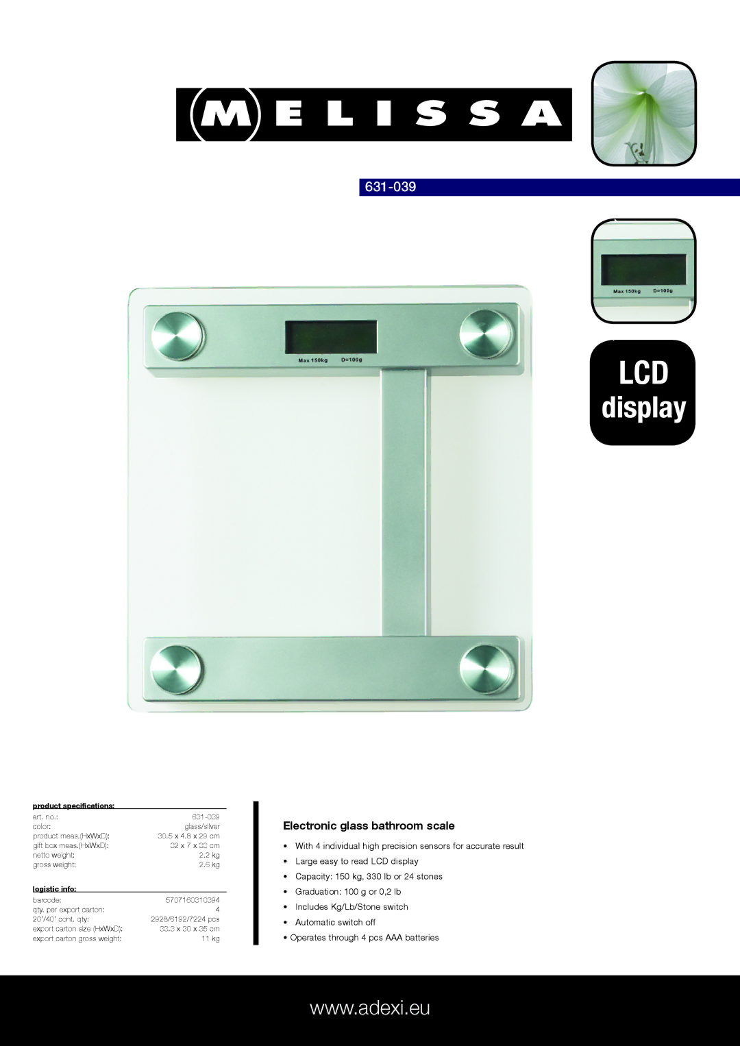 Melissa 631-039 specifications Lcd, Display, Electronic glass bathroom scale, Product specifications, Logistic info 