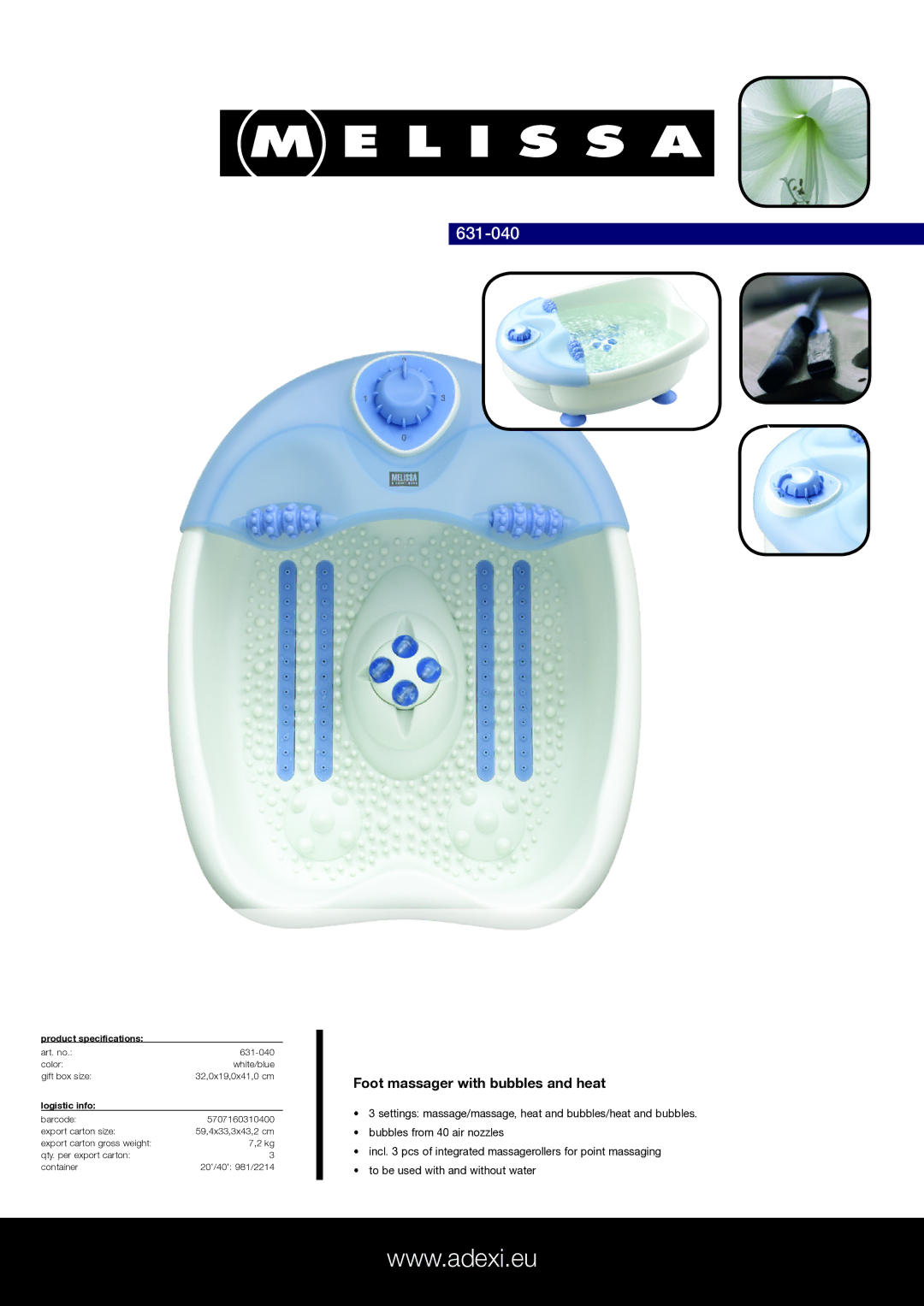 Melissa 631-040 specifications Foot massager with bubbles and heat, Product specifications, Logistic info 