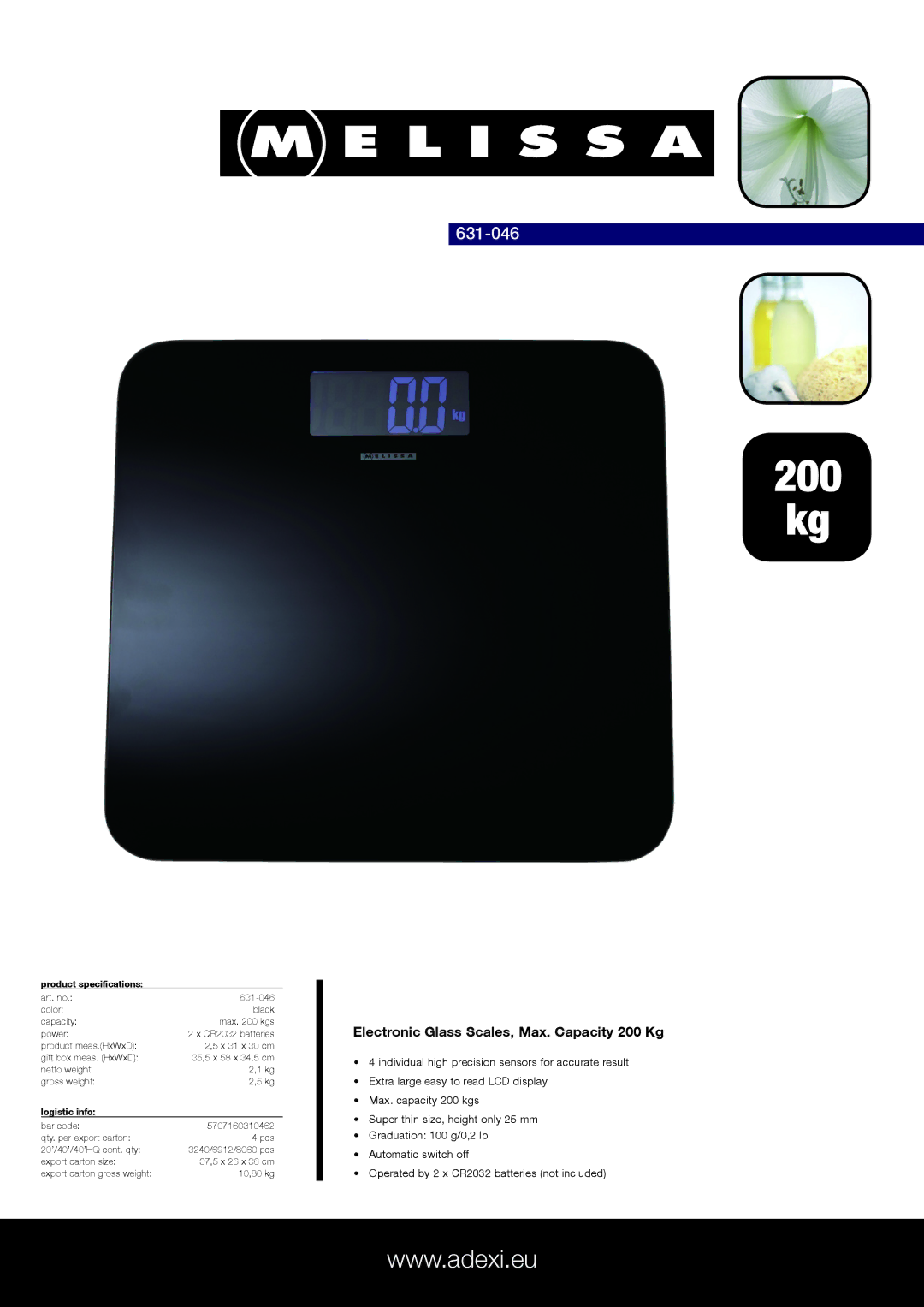 Melissa 631-046 specifications Electronic Glass Scales, Max. Capacity 200 Kg, Product specifications, Logistic info 