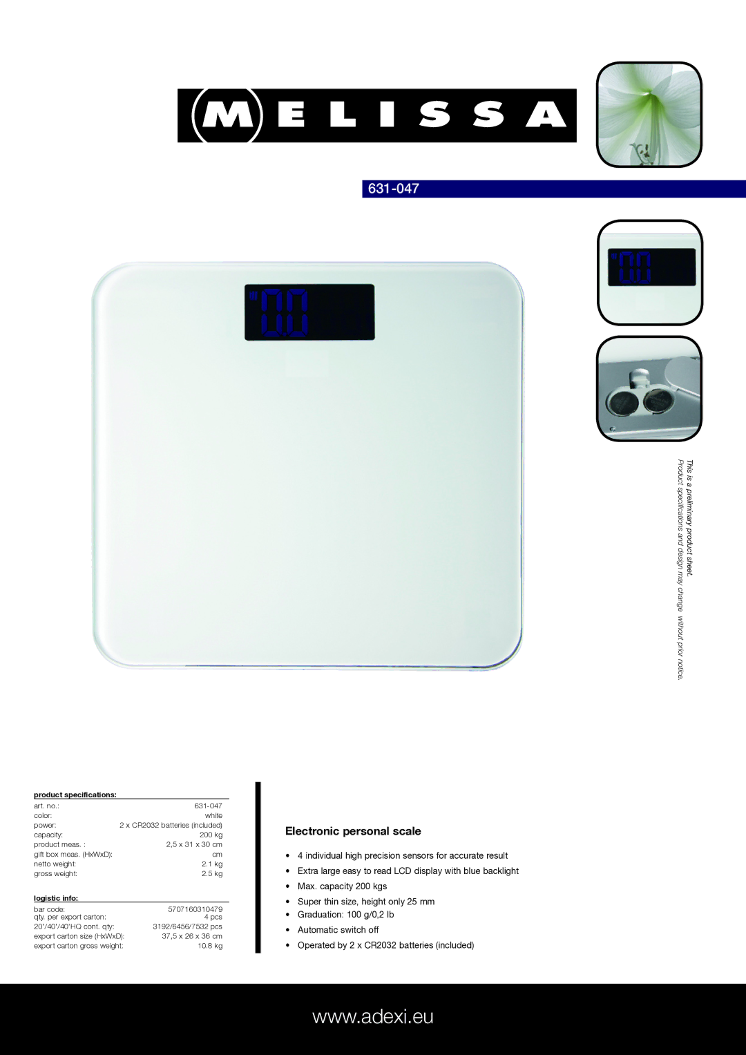 Melissa 631-047 specifications Electronic personal scale, Product specifications, Logistic info 