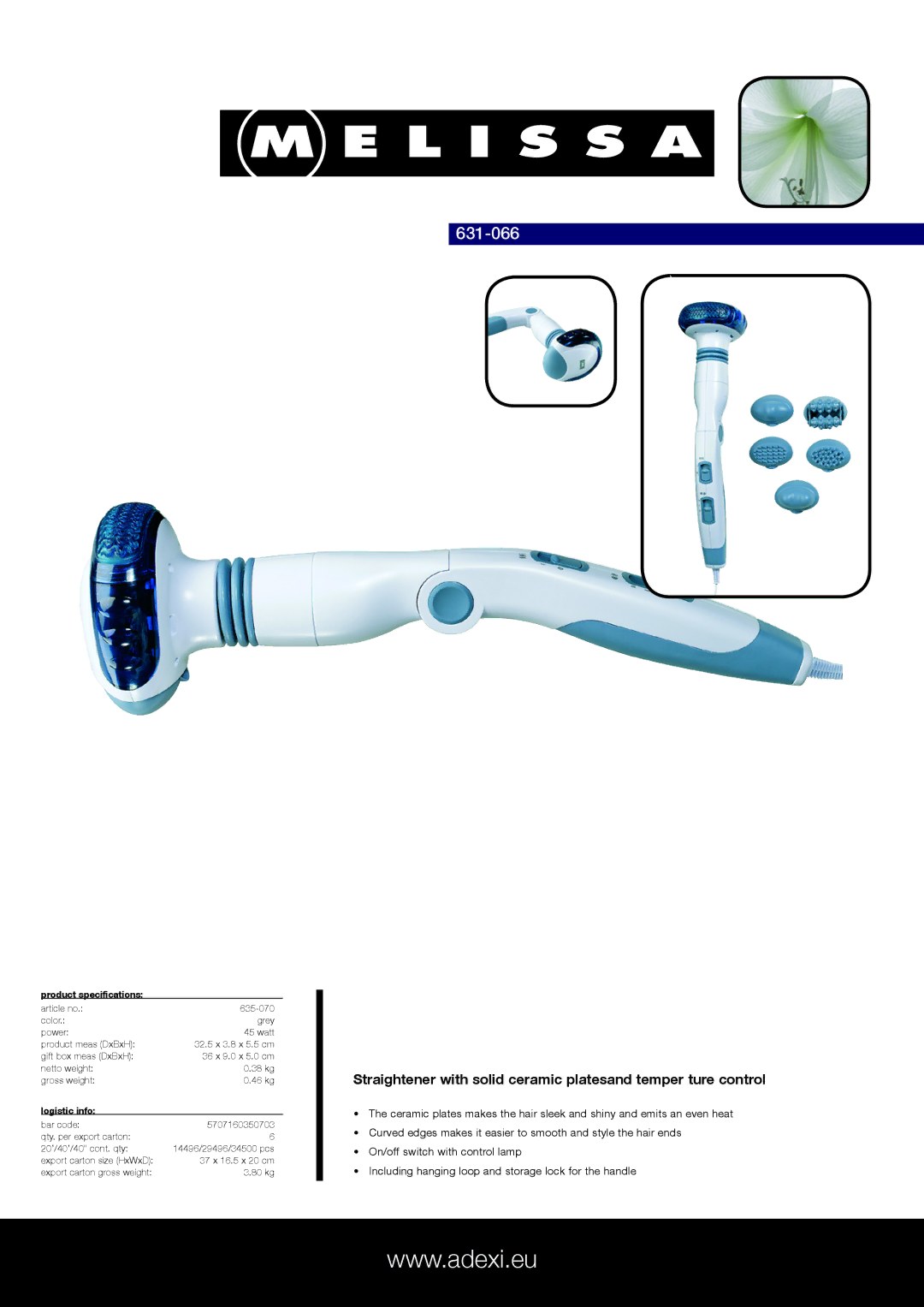 Melissa 631-066 specifications Product specifications, Logistic info 