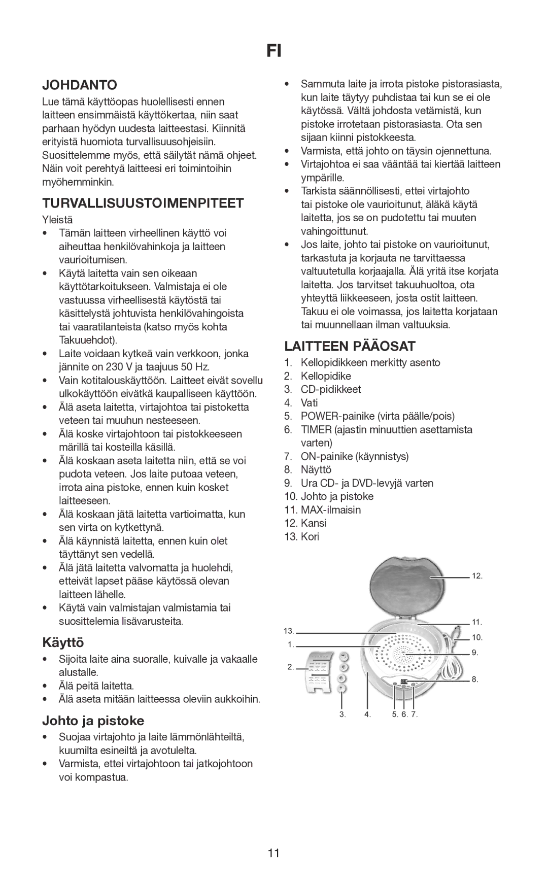 Melissa 631-102 manual Johdanto, Turvallisuustoimenpiteet, Käyttö, Johto ja pistoke, Laitteen Pääosat 