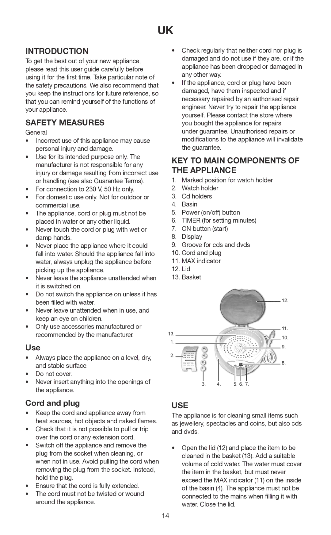 Melissa 631-102 manual Introduction, Safety Measures, KEY to Main Components of the Appliance, Use 