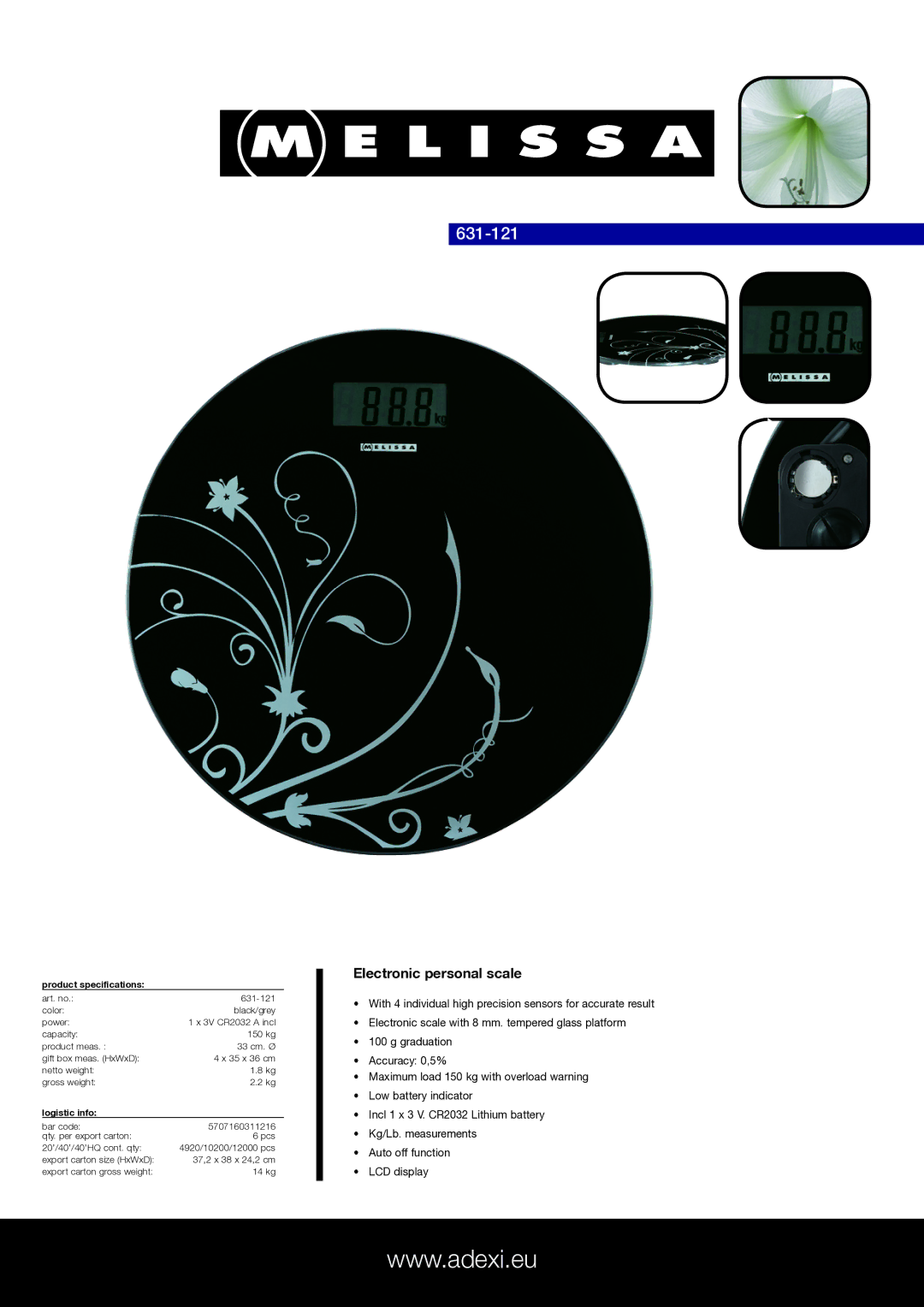 Melissa 631-121 specifications Electronic personal scale, Product specifications, Logistic info 