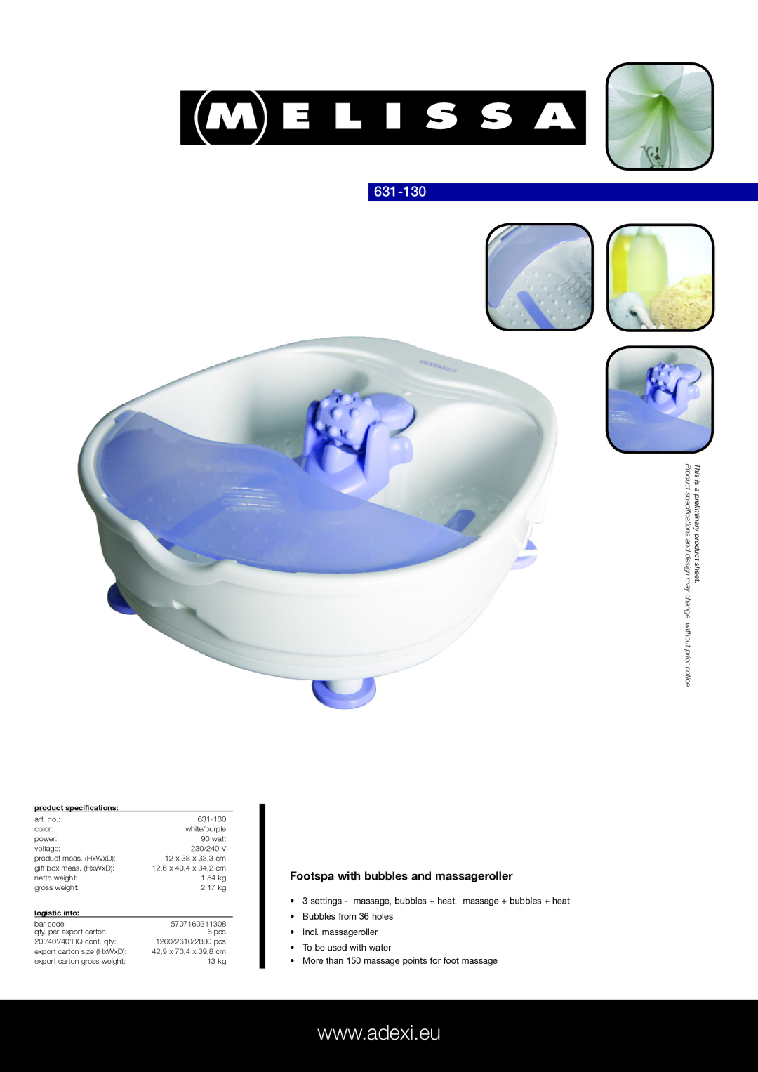 Melissa 631-130 specifications Footspa with bubbles and massageroller, Product specifications, Logistic info 