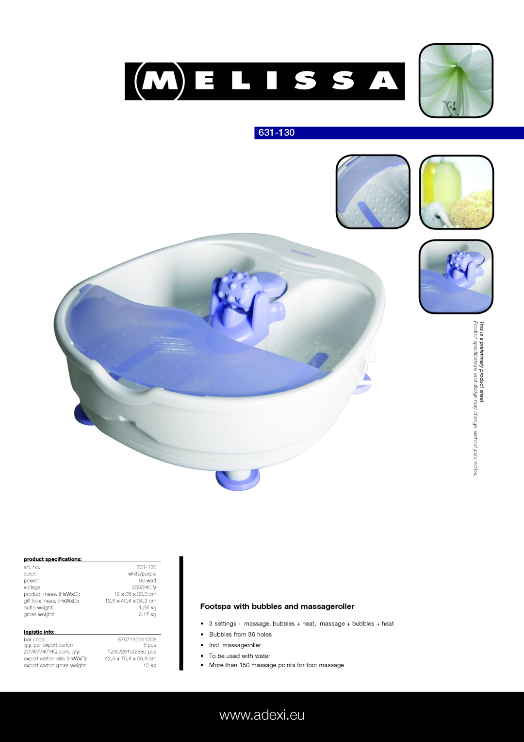 Melissa 631-130 specifications Footspa with bubbles and massageroller, More than 150 massage points for foot massage 