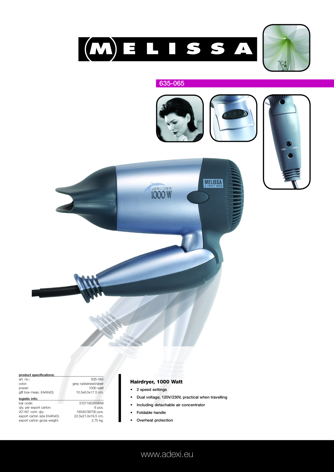 Melissa 635-065 specifications Hairdryer, 1000 Watt, speed settings, Dual voltage, 120V/230V, practical when travelling 