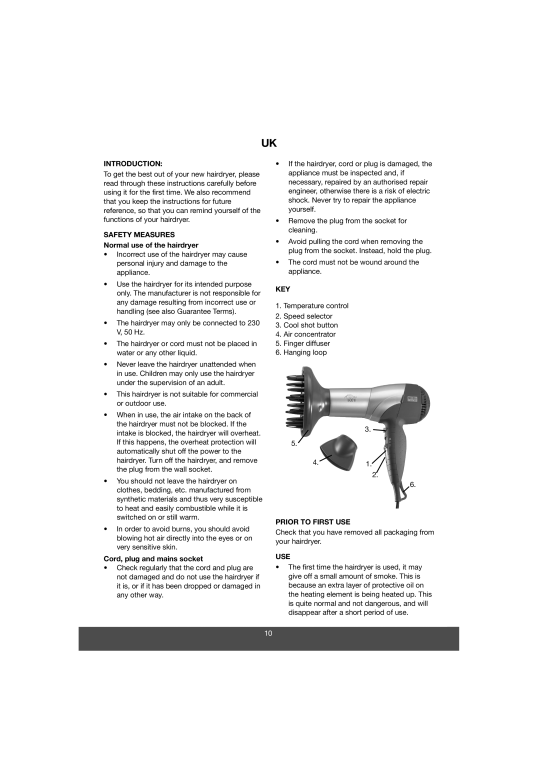 Melissa 635-067 manual Introduction, Safety Measures, Key, Prior to First USE, Use 