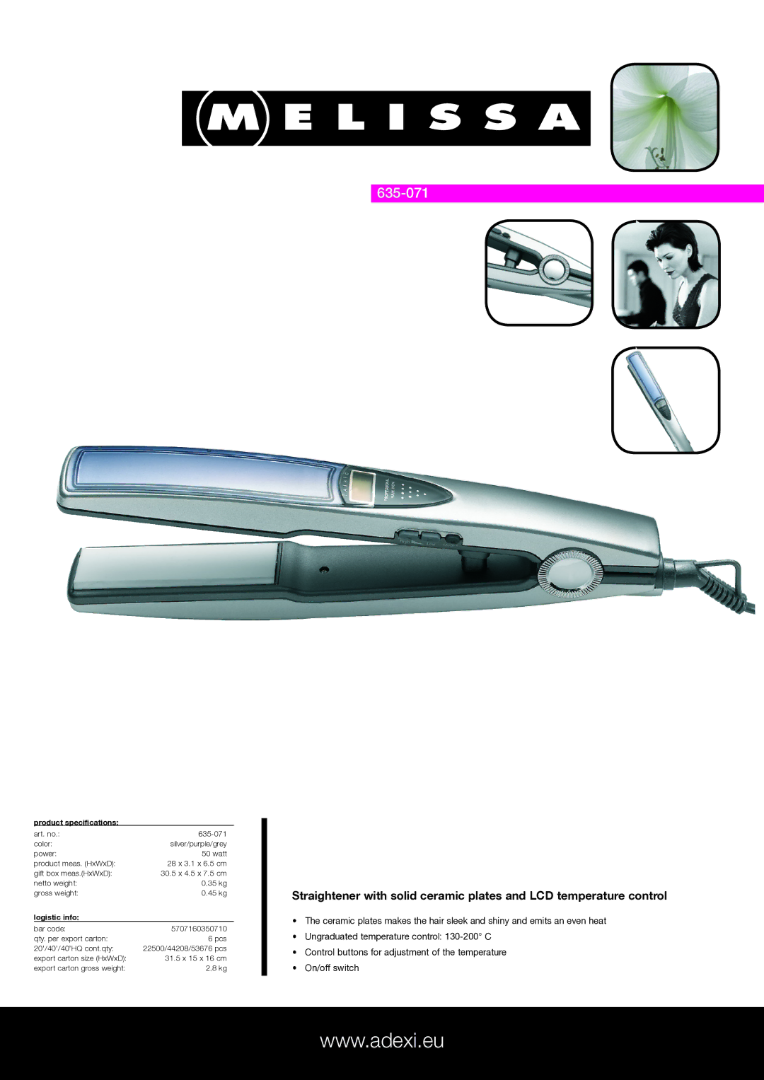 Melissa 635-071 specifications Product specifications, Logistic info 