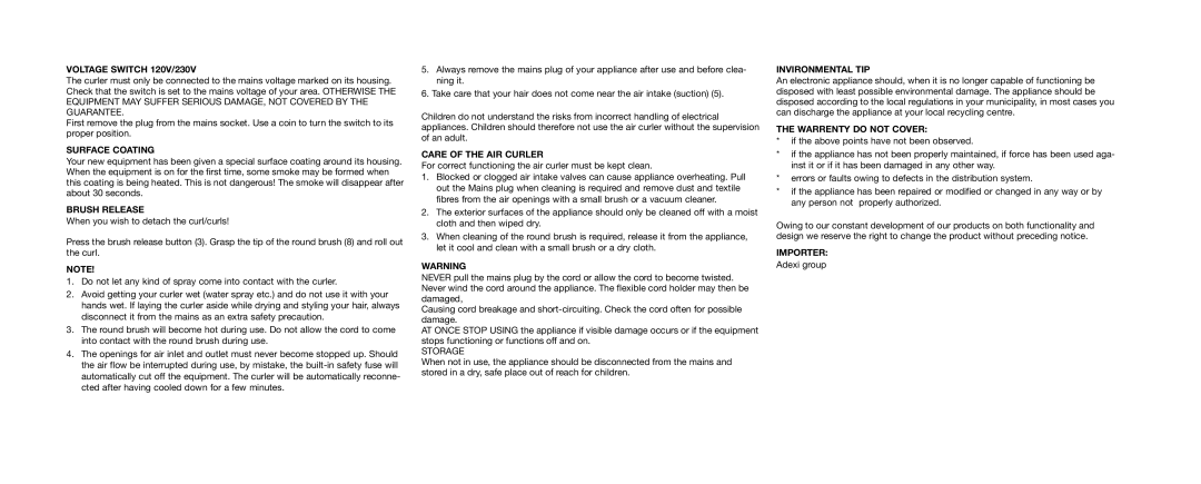 Melissa 635-072 manual Voltage Switch 120V/230V, Surface Coating, Brush Release, Care of the AIR Curler, Invironmental TIP 