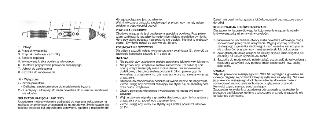 Melissa 635-072 Selektor NAPI¢CIA 120V /230V, POW¸OKA Obudowy, Zdejmowanie Szczotki, Uwaga, Konserwacja LOKÓWKO-SUSZARKI 