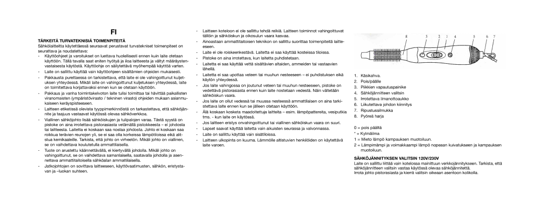 Melissa 635-072 manual Tärkeitä Turvateknisiä Toimenpiteitä, Sähköjännityksen Valitsin 120V/230V 