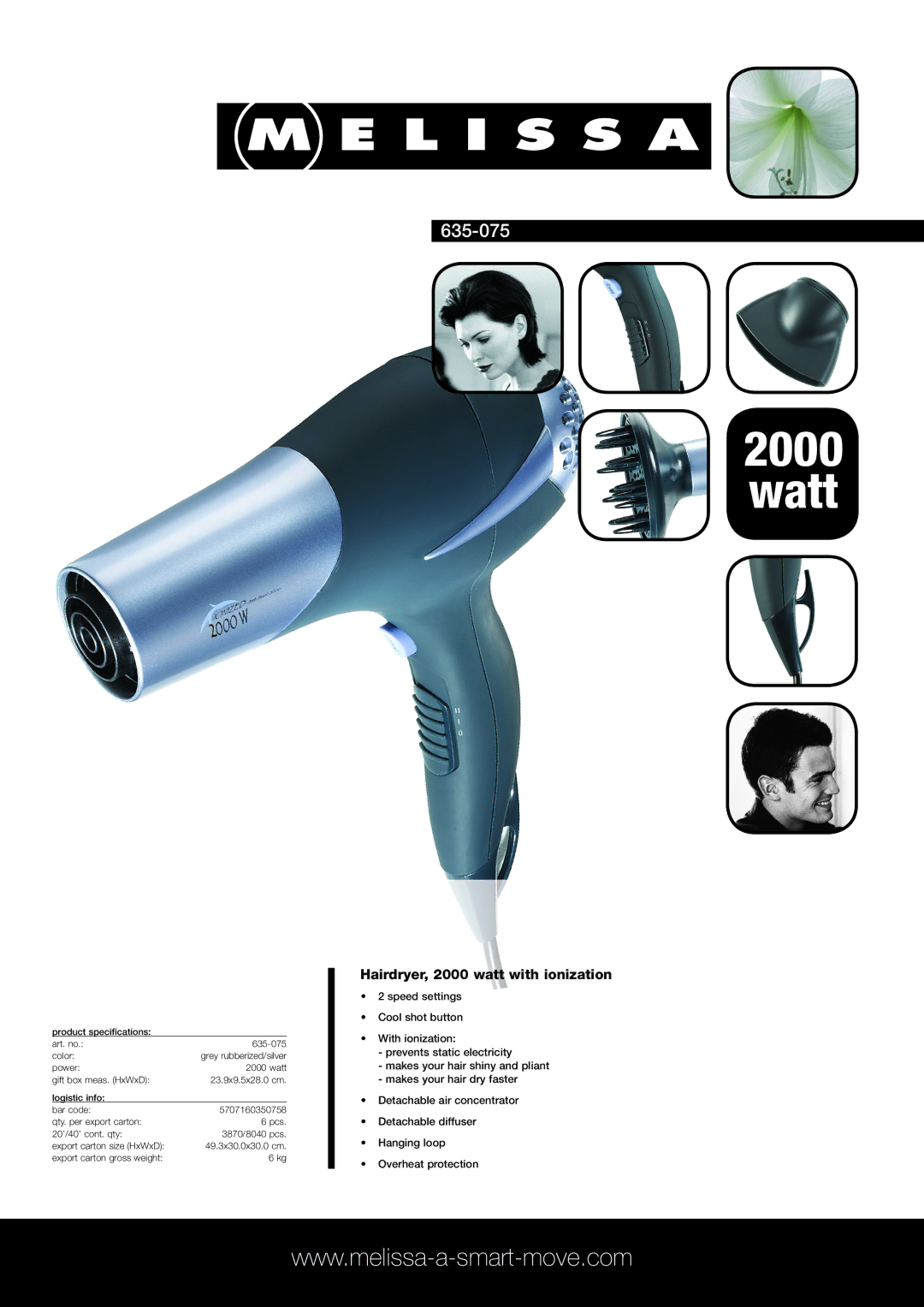 Melissa 635-075 specifications Watt, Hairdryer, 2000 watt with ionization 