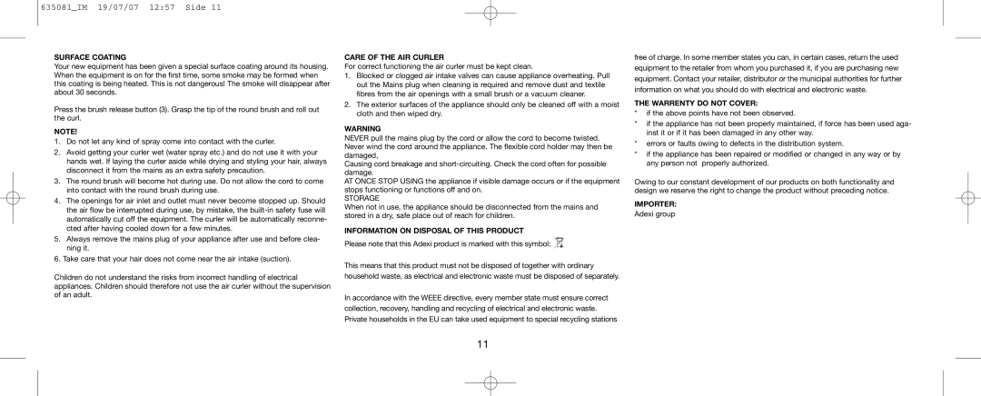 Melissa 635-081 Surface Coating, Care of the AIR Curler, Information on Disposal of this Product, Warrenty do not Cover 