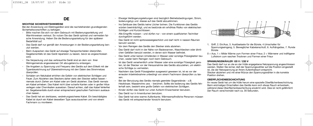 Melissa 635-081 manual Wichtige Sicherheitshinweise, Spannungswähler 120 V / 230, Oberflächenbeschichtung 