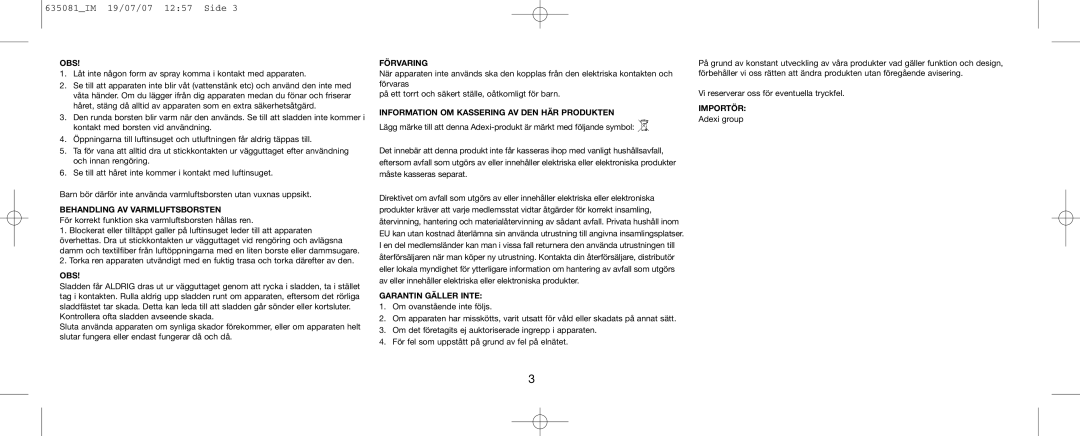 Melissa 635-081 Obs, Behandling AV Varmluftsborsten, Förvaring, Information OM Kassering AV DEN HÄR Produkten, Importör 