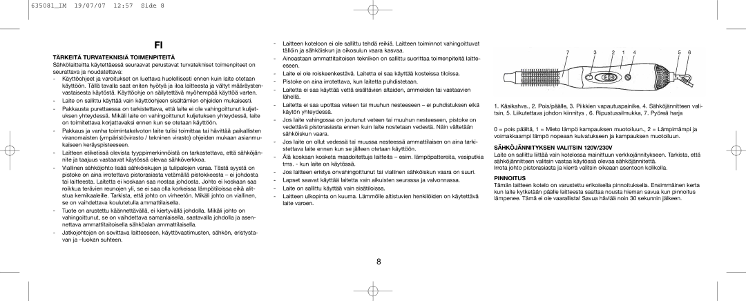 Melissa 635-081 manual Tärkeitä Turvateknisiä Toimenpiteitä, Sähköjännityksen Valitsin 120V/230V, Pinnoitus 