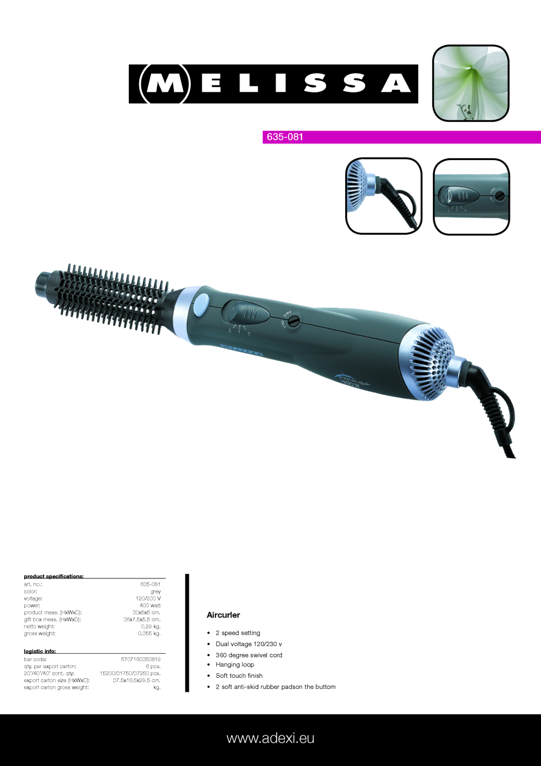 Melissa 635-081 specifications Aircurler, Product specifications, Logistic info 