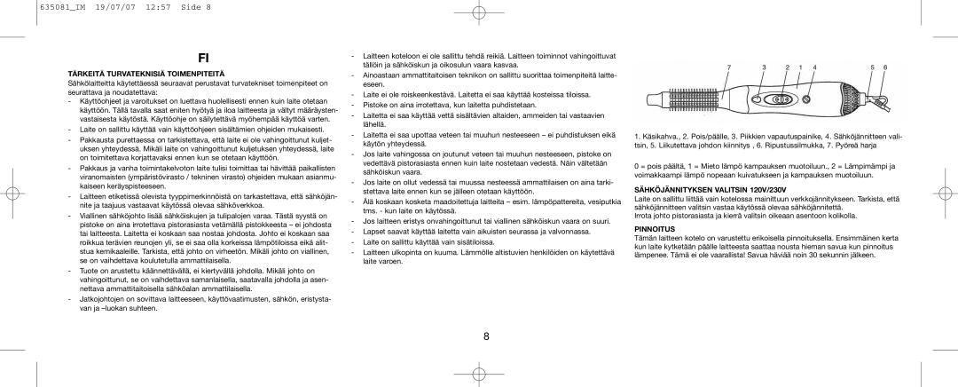 Melissa 635-081 manual Tärkeitä Turvateknisiä Toimenpiteitä, SÄHKÖJÄNNITYKSEN VALITSIN 120V/230V, Pinnoitus 