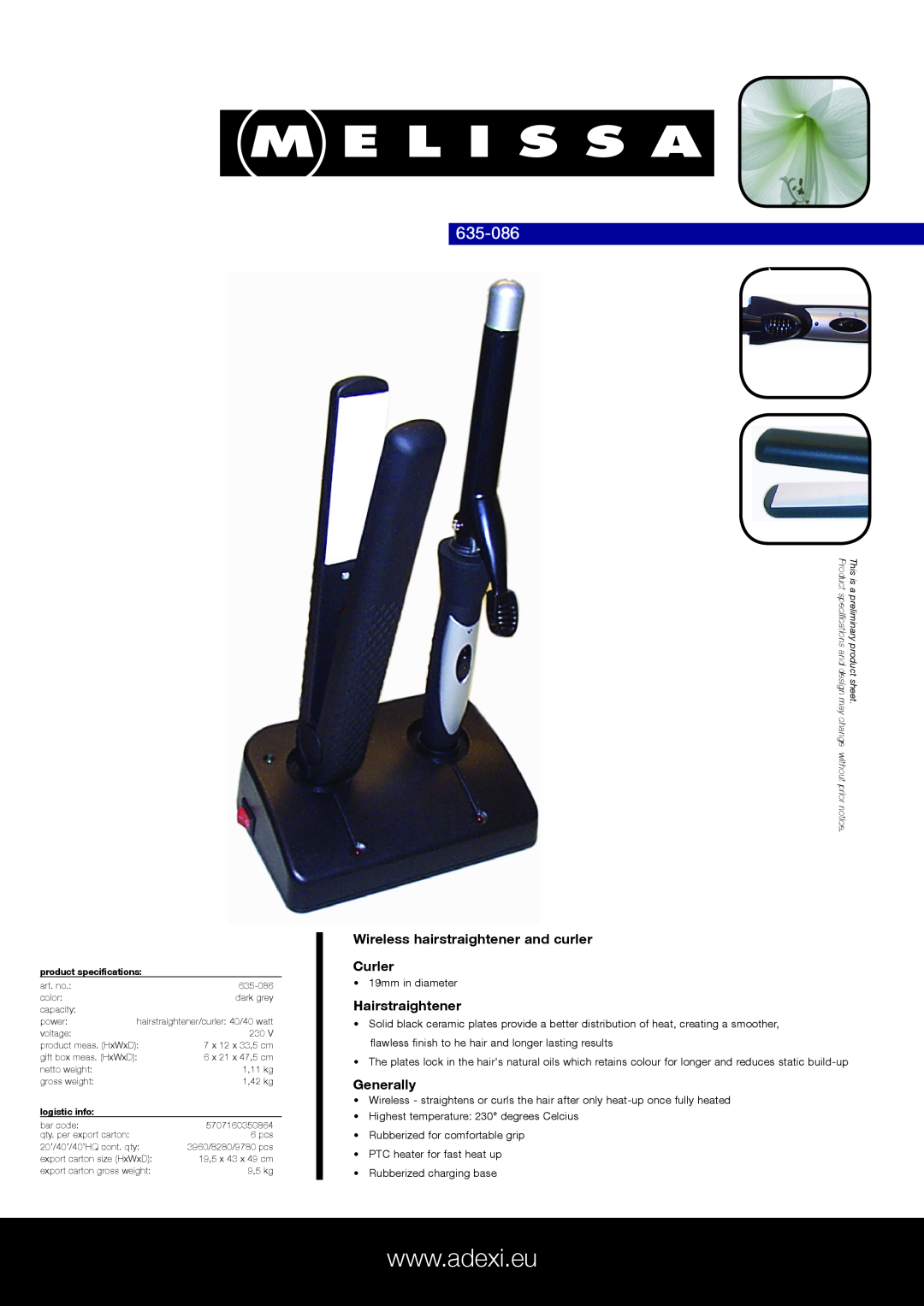 Melissa 635-086 specifications Wireless hairstraightener and curler Curler, Hairstraightener, Generally 