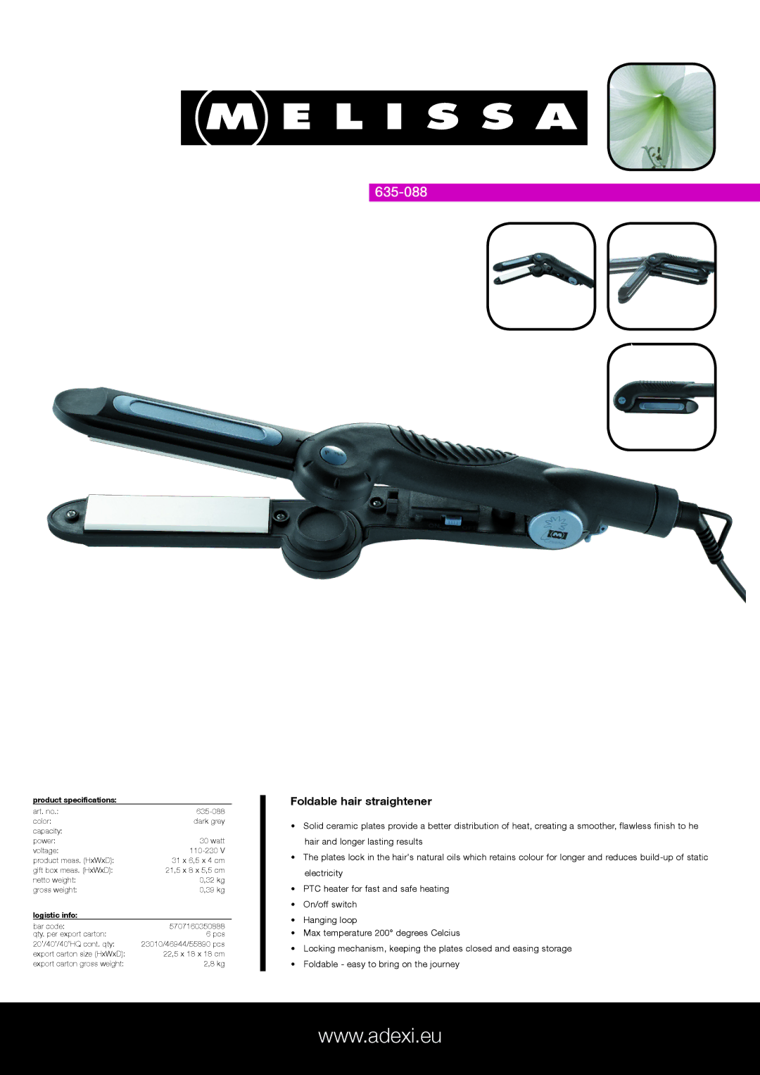 Melissa 635-088 specifications Foldable hair straightener, Product specifications, Logistic info 