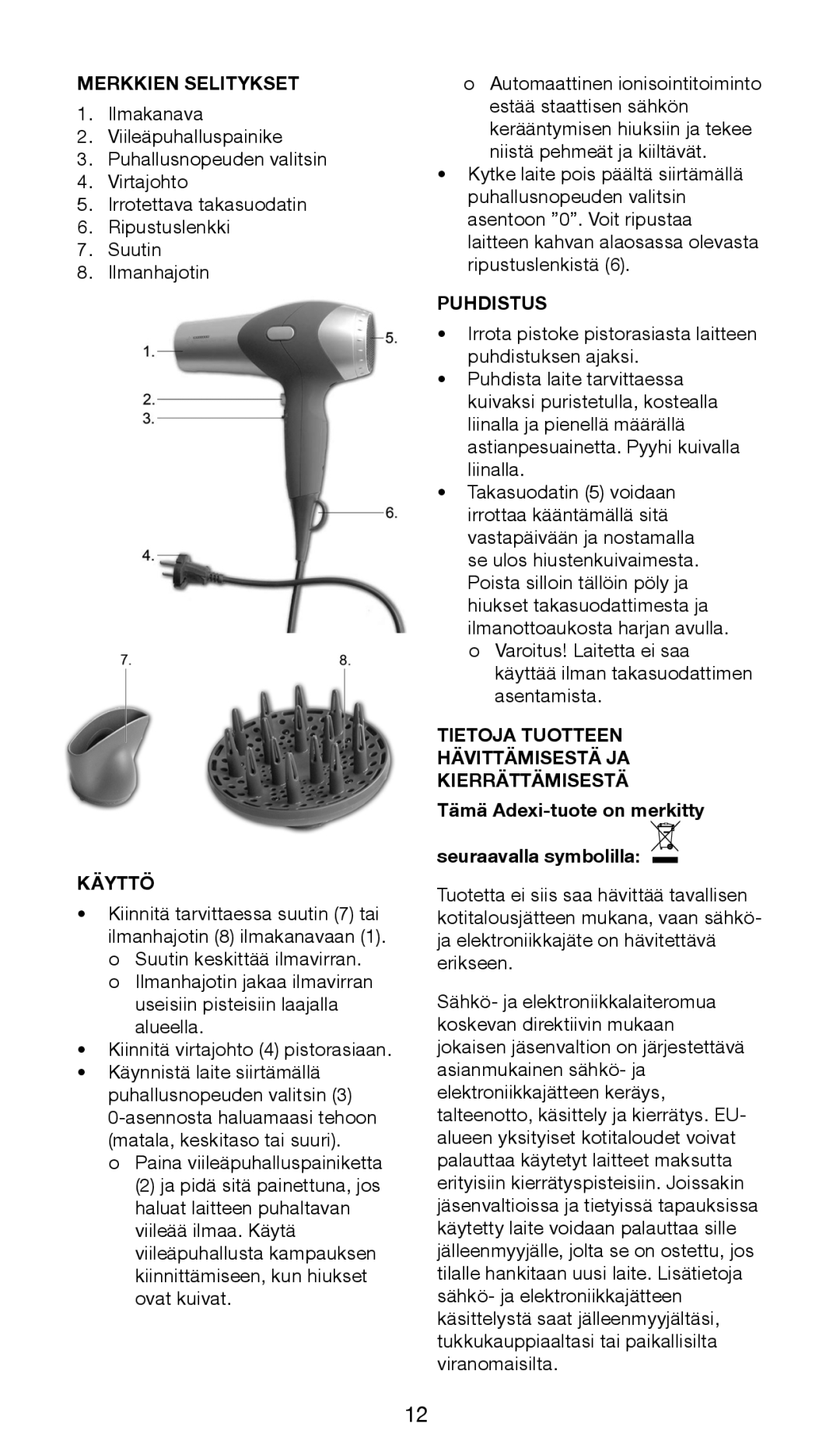 Melissa 635-092 manual Merkkien Selitykset, Käyttö, Puhdistus, Tietoja Tuotteen Hävittämisestä JA Kierrättämisestä 