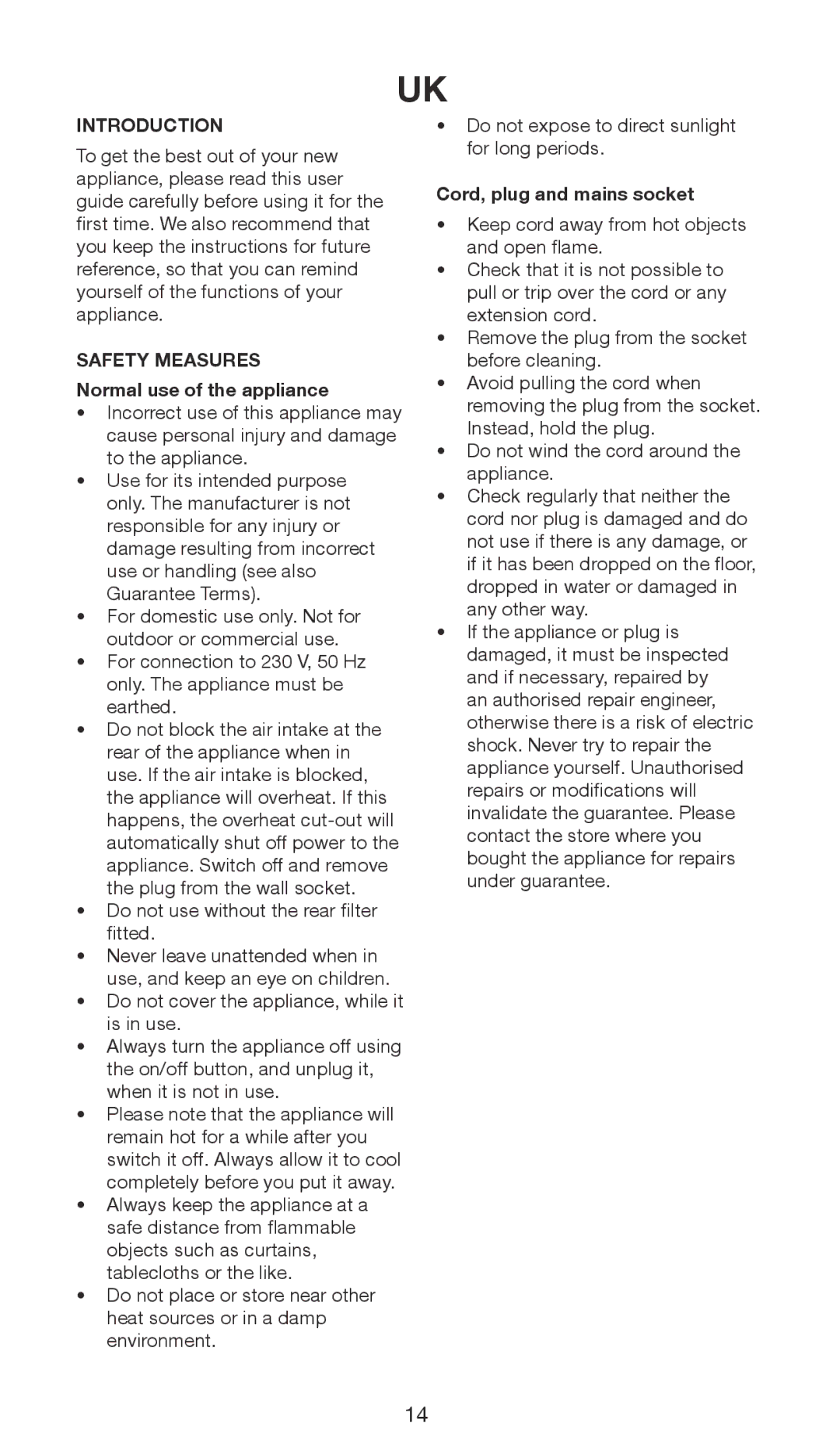 Melissa 635-092 manual Introduction, Safety Measures Normal use of the appliance, Cord, plug and mains socket 