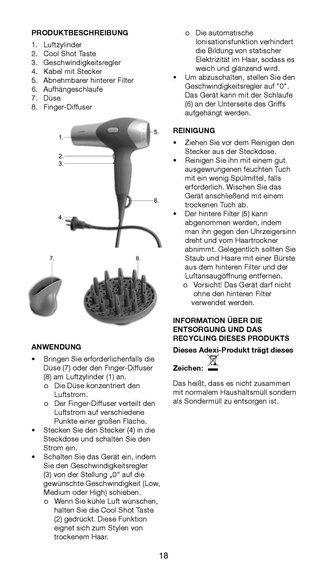 Melissa 635-092 manual Produktbeschreibung, Anwendung, Reinigung, Dieses Adexi-Produkt trägt dieses Zeichen 