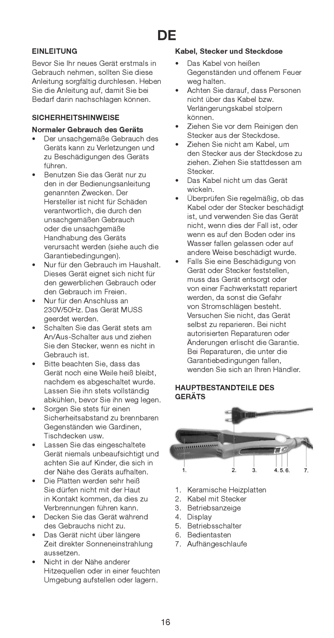 Melissa 635-093 manual Einleitung, Sicherheitshinweise Normaler Gebrauch des Geräts, Kabel, Stecker und Steckdose 