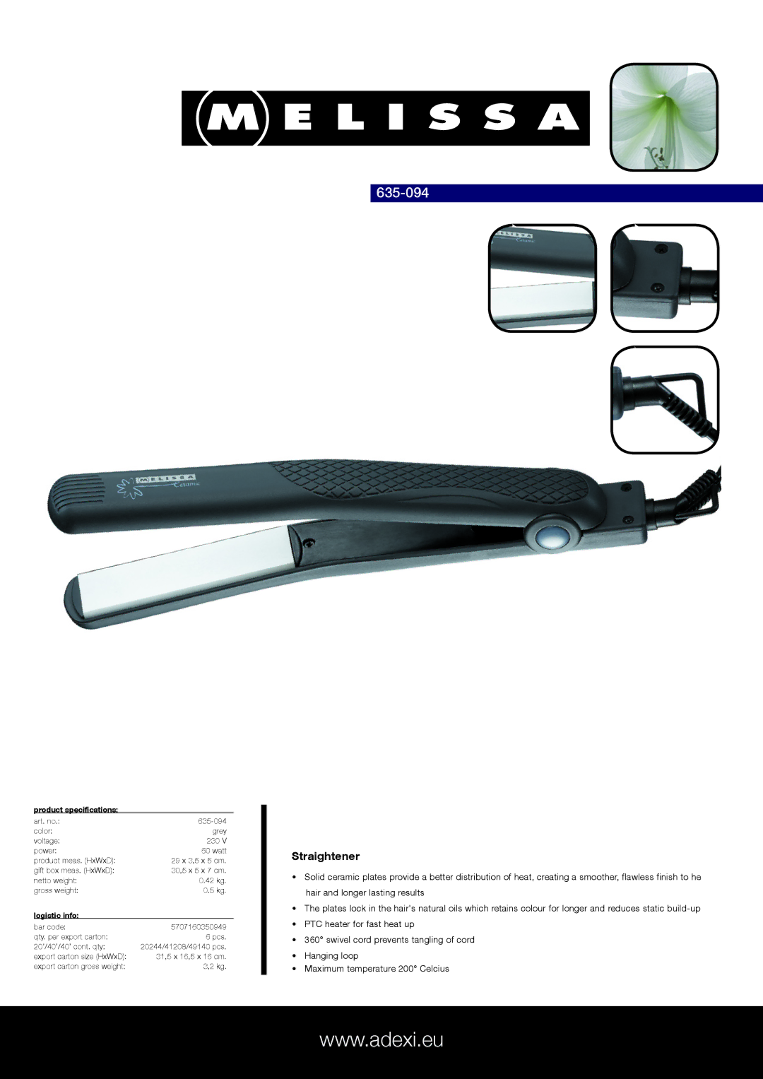 Melissa 635-094 specifications Straightener, Product specifications, Logistic info 